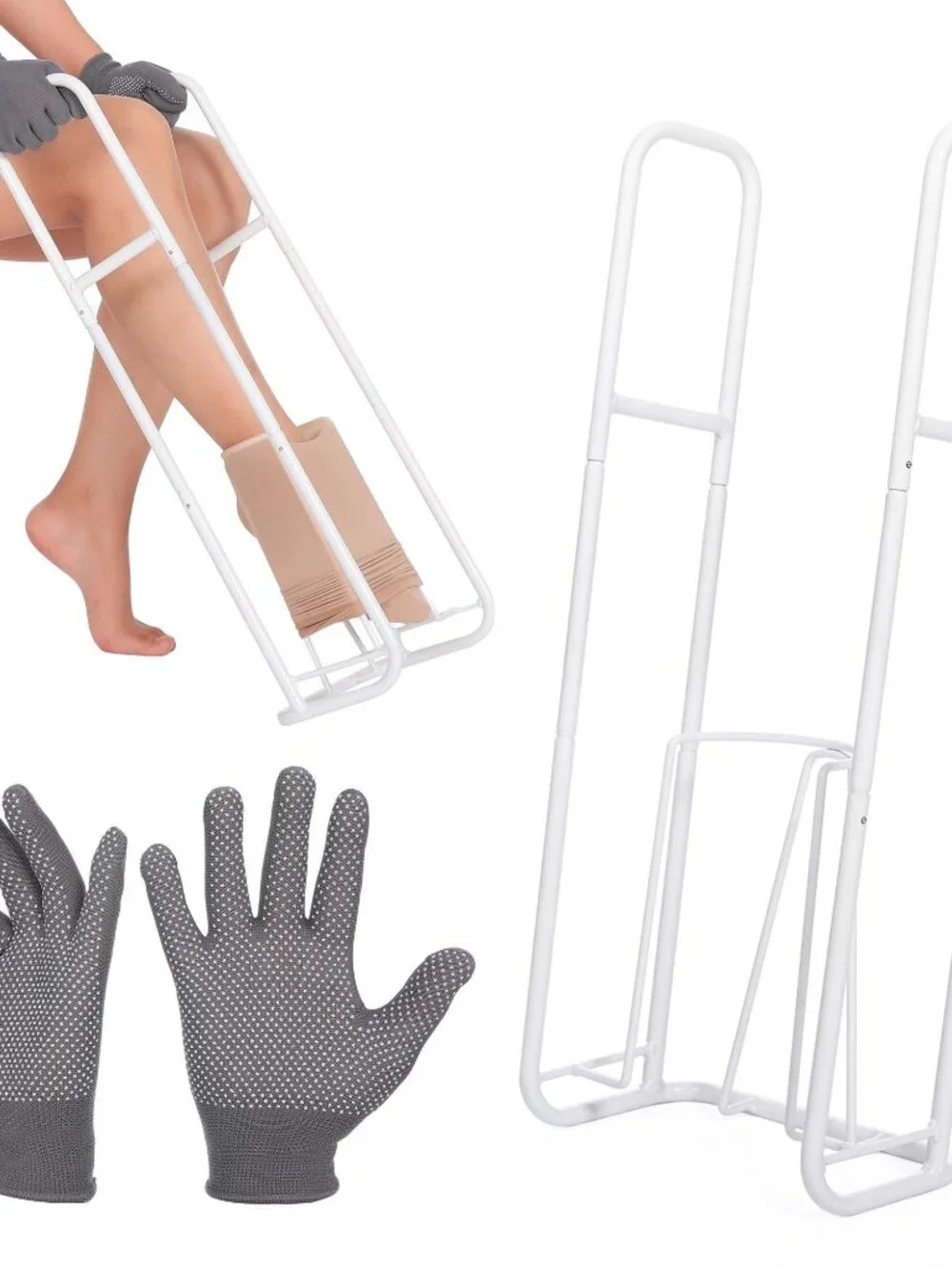 White Sock Aid with Extended Handles and Non-Slip Gloves for Compression Socks